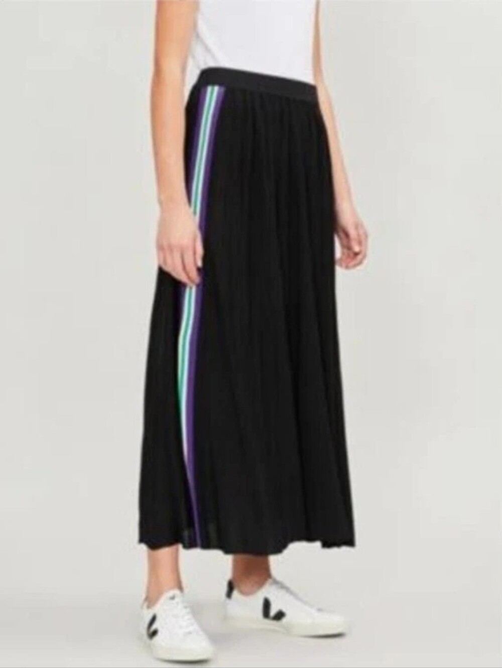 SANDRO Croisette racing stripe pleated midi skirt Black Size 0.